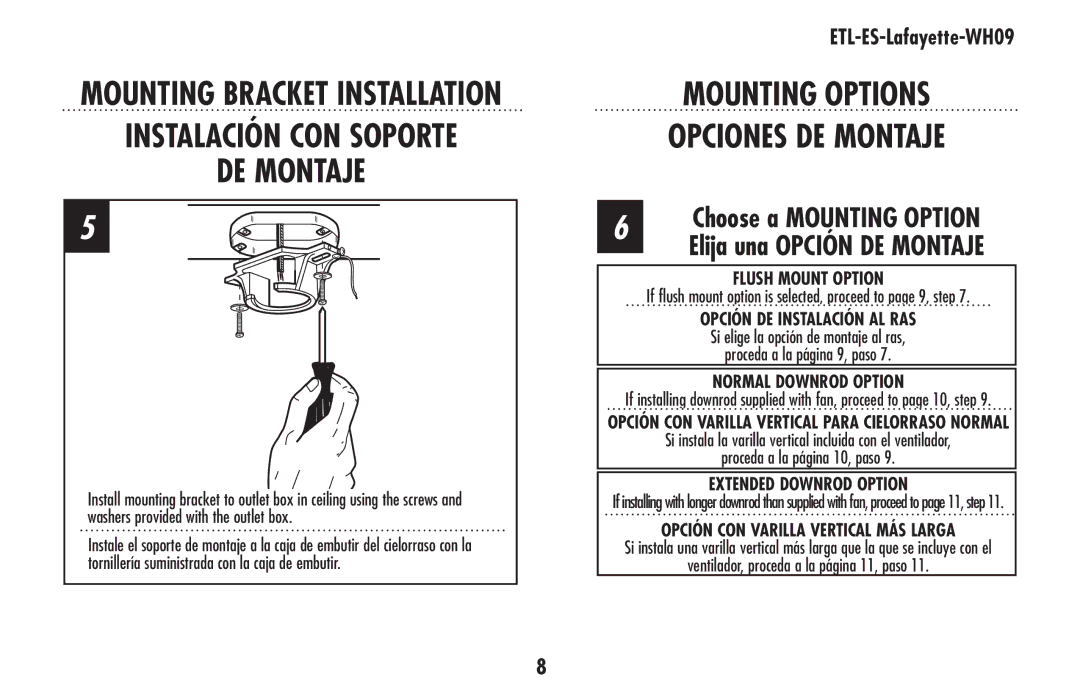 Westinghouse ETL-ES-Lafayette-WH09 owner manual MOUNTING OPTIONS Opciones DE Montaje 